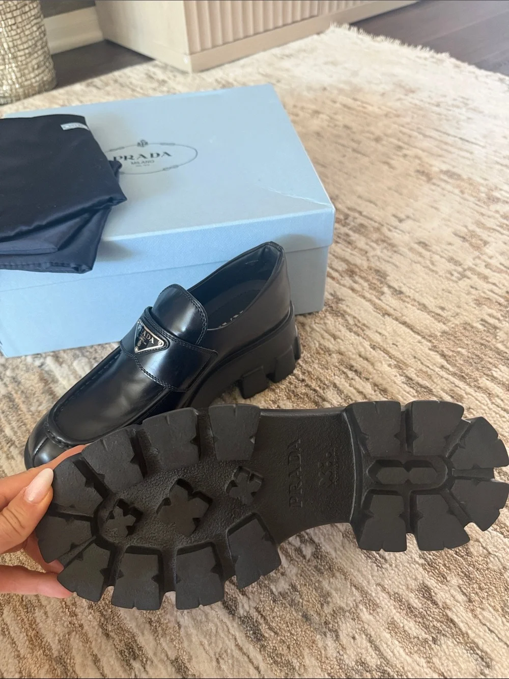 New! Full set Prada Black Leather Lug Sole Slip-On Loafers